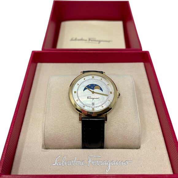 Ferragamo Logomania  Moon Phase Women's Watch Gold Tone Hardware Black Leather - Picture 6 of 13